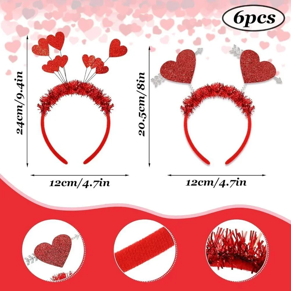 Valentine Party Accessories 6pcs Glitter Red Heart Boppers & Eyeglasses Sets